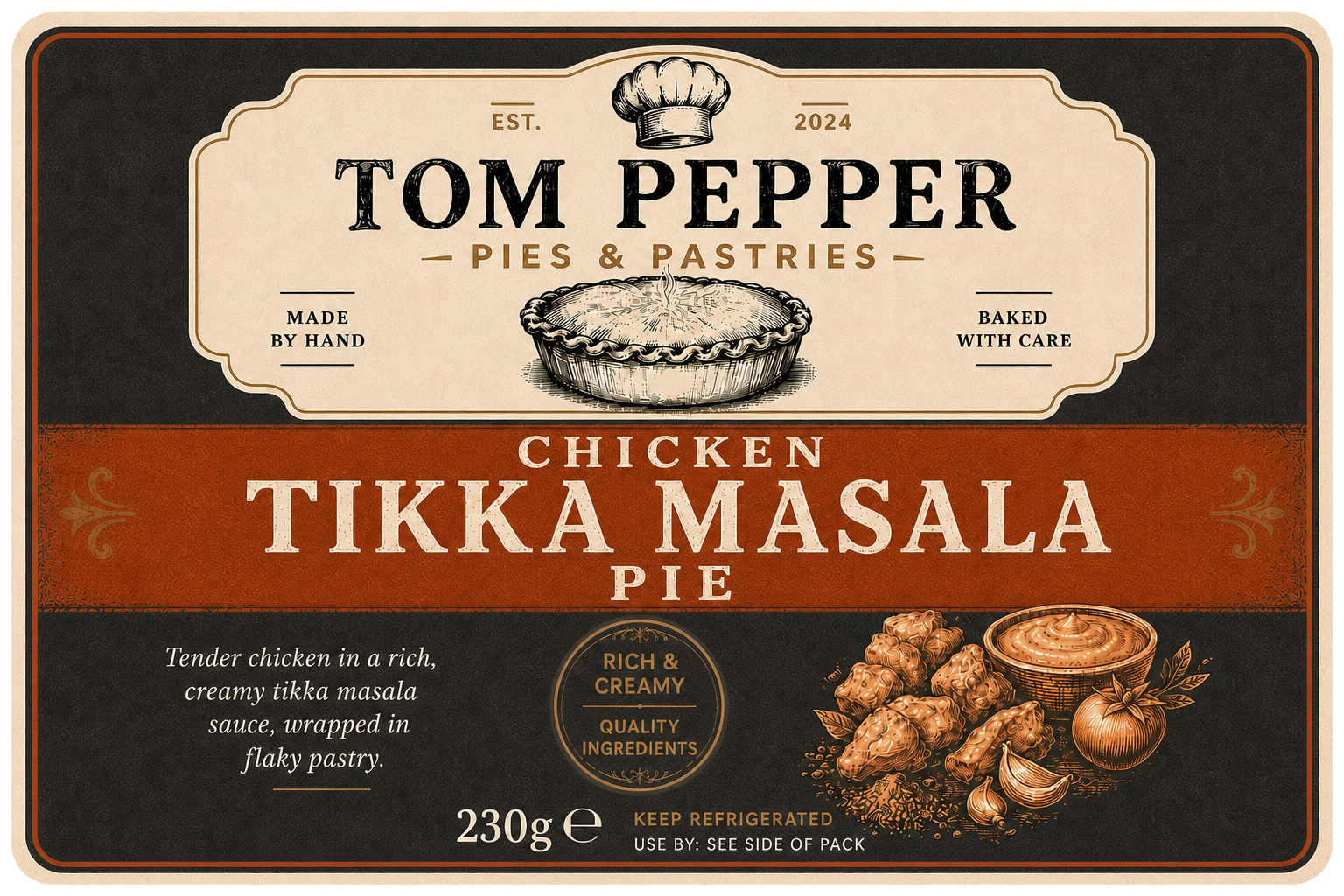 Rectangular-format Tom Pepper Chicken Tikka Masala Pie label development artwork